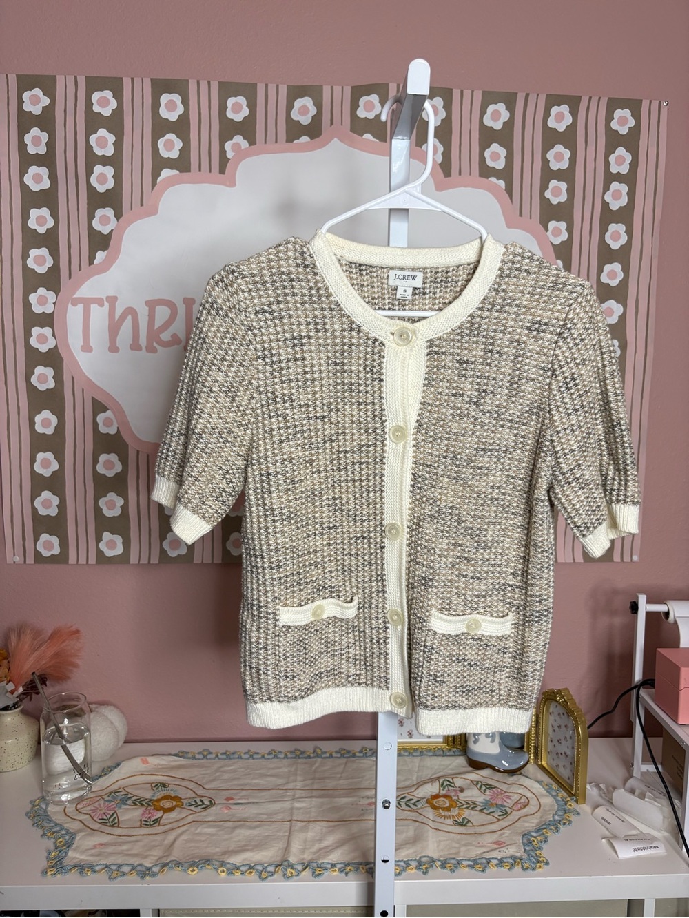 J. Crew Cream & Tan Knit Short-Sleeve Cardigan